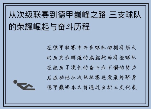 从次级联赛到德甲巅峰之路 三支球队的荣耀崛起与奋斗历程