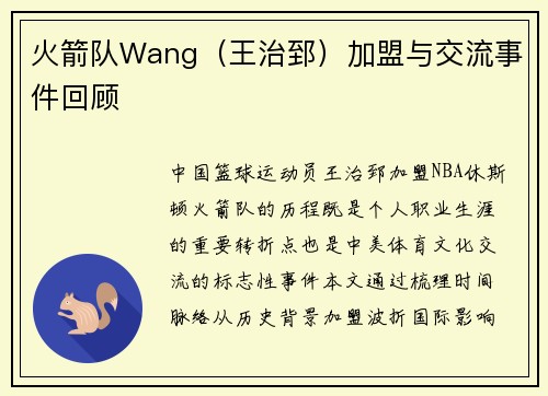 火箭队Wang（王治郅）加盟与交流事件回顾